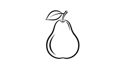 Simple black and white illustration of a pear with a single leaf