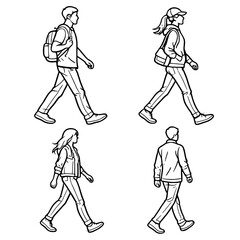 A set of hand-drawn line art illustrations of people walking, including men and women in casual clothing, shown in side view with clean black outlines and simple minimalist cartoon style.