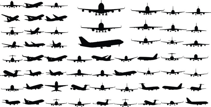 Airplane silhouettes mega collection isolated on white background, commercial passenger and cargo aircraft side and front views for aviation design