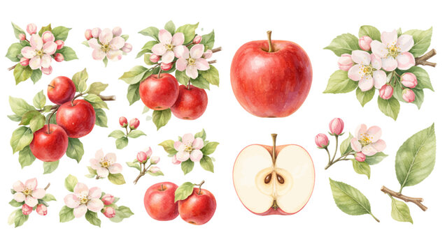 A charming watercolor collection of red apples and apple blossoms, including glossy whole fruits, delicate pink spring flowers, and leafy branches with soft botanical details.