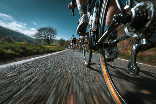 Close-up low angle view of a cyclist's rear wheel during a road race on a sunny day