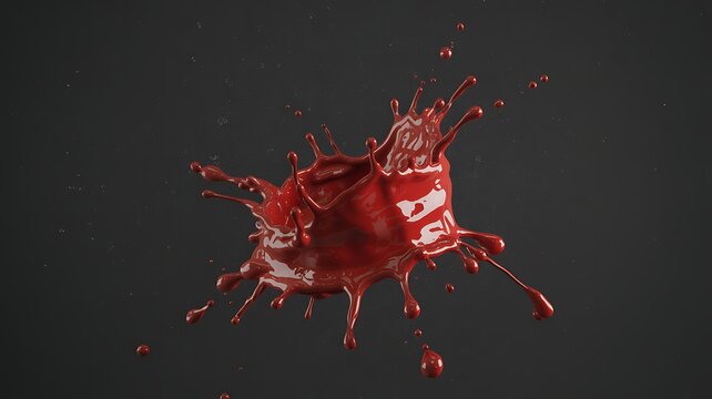 Red liquid splash on dark background  droplets flying through air  abstract art