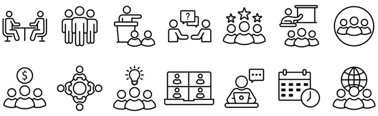Business and Teamwork Line Icon Set in Outline Style