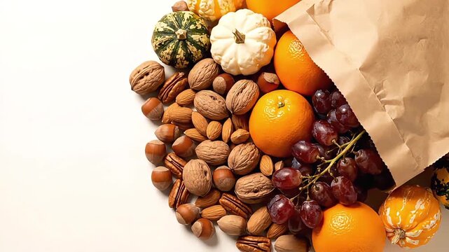 Assorted nuts and fruits spilling from a paper bag top view