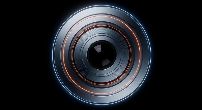 A futuristic camera lens with glowing orange and blue lights on a black background