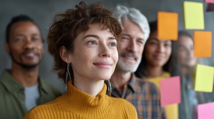 Obraz premium Group of Diverse Professionals Collaborating on Creative Ideas in a Modern Workspace with Colorful Sticky Notes Reflecting Team Spirit and Innovation