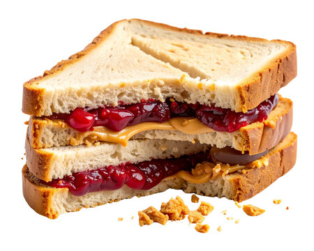Photorealistic deconstructed PB&J sandwich with one half showing bite mark, peanut 