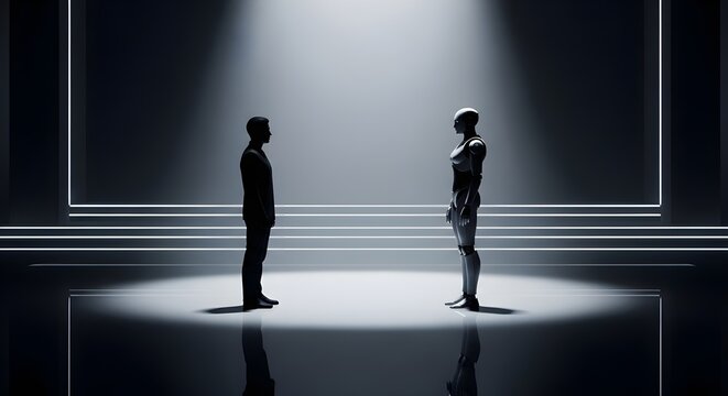 Silhouette of a man and a humanoid robot facing each other in a futuristic spotlight.