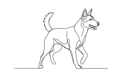 Fototapeta premium A single continuous line drawing of a dog running on a flat surface, viewed from the side, showcasing dynamic movement and energetic posture