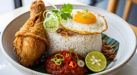 A mouth-watering dish of fried chicken, rice, egg, and chili sauce, garnished with herbs and lime on a white plate