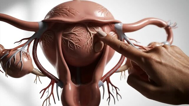 A hand pointing to a detailed anatomical model of the human uterus and fallopian tubes from a close-up viewpoint