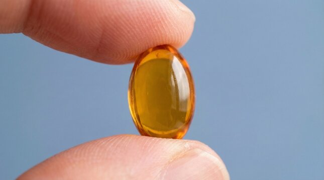 Holding Omega 3 Capsule between fingers close up