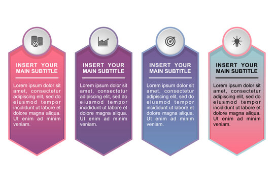 Modern business infographic template with four colorful vertical banners and icons for finance growth target and creative ideas, vector illustration with copy space for professional corporate presenta