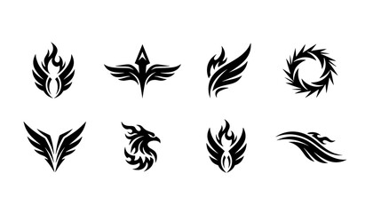Obraz premium Vector collection of black tribal assets featuring flaming wings, arrows and eagle heads. Perfect for esports logos, tattoo flash and branding