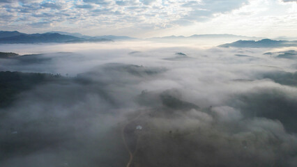 Obraz premium Aerial view of mountains and forest with the sea of fog by drone