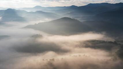 Obraz premium Aerial view of mountains and forest with the sea of fog by drone