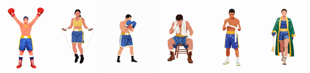 Fototapeta premium Vector collection of boxers training, preparing, fighting, and celebrating victory, isolated on white background.