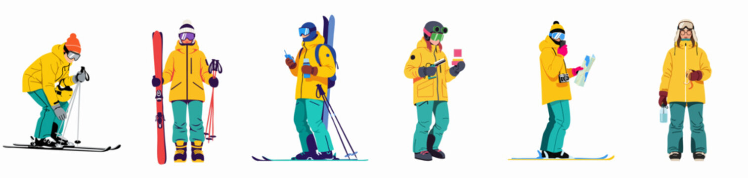 Collection of Skiers in Winter Gear Vector Illustrations: Diverse Characters Engaged in Activities Like Navigation, Safety Checks, and Skiing Poses.