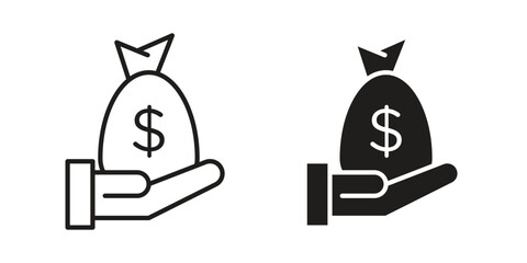 Obraz premium Hand holding a money bag icon symbol vector illustration on white background. Flat design.