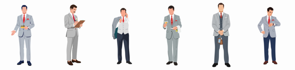 Set of six vintage-style illustrations depicting a professional man in various business, lifestyle, and financial activities, isolated on white.