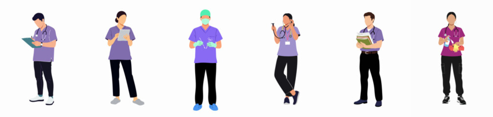 Obraz premium Diverse group of medical professionals and healthcare staff performing various duties, depicted in flat vector illustration on a white background.