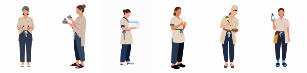 Fototapeta premium Flat vector illustration set of female spa therapists preparing oils, stones, towels, and products for wellness and beauty treatments.