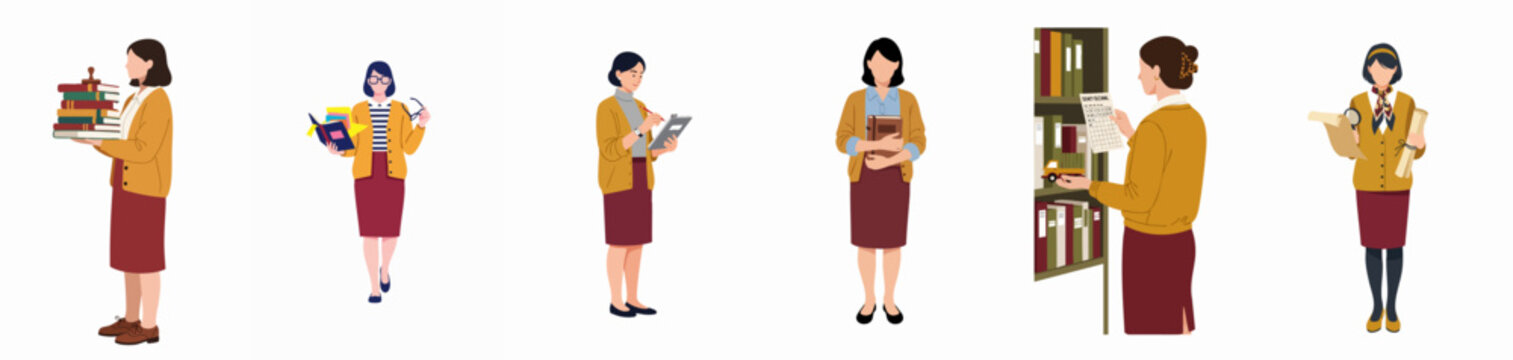 Diverse vector set of a professional female librarian or scholar performing various academic and research tasks, including cataloging and reading.
