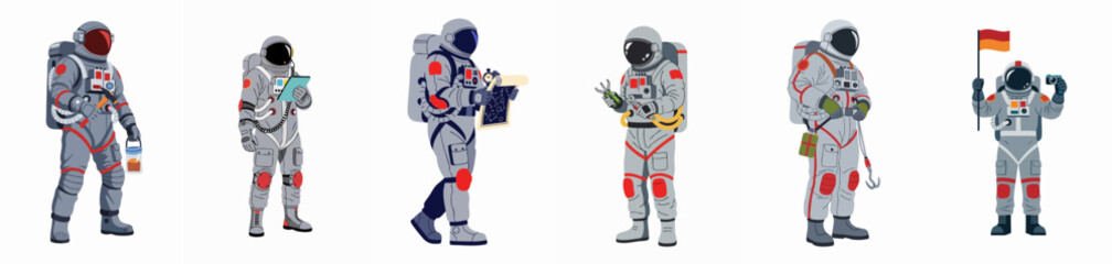 Flat vector set of six astronauts performing various mission tasks: exploration, science, navigation, repair, and documentation, isolated on white. © Papat