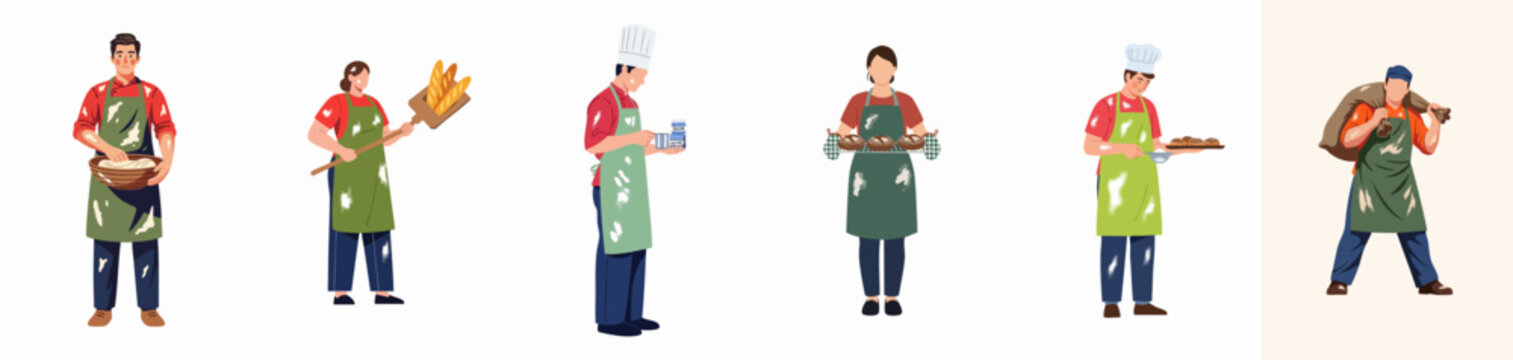 Collection of bakers characters performing various tasks: kneading dough, measuring sugar, baking baguettes, decorating rolls, and carrying flour sack.