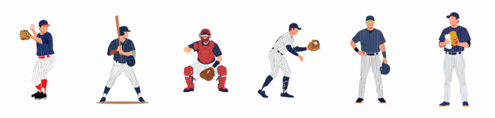 Obraz premium Baseball players vector set isolated on white. Collection of athletes depicting different positions like pitcher, batter, catcher, and fielder in action poses.