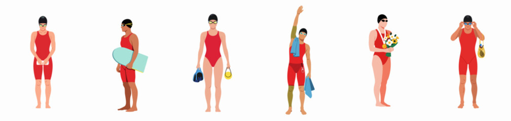 Vector set of female swimmers illustrating training, gear, and victory in competitive water sports. © Papat