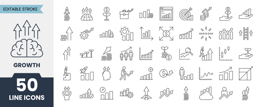 Growth line icons set with editable stroke. Containing chart, gain, performance, increase, development, win, goal and more. Vector illustration