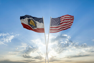 Fototapeta premium Flags of Utah state and United states of America together waving in sky