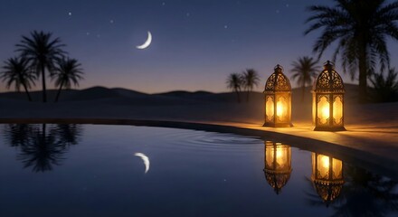 Fototapeta premium Multi-Layered Purple and Blue Paper Cut Illustration of City Mosque Silhouette under Large Crescent Moon
