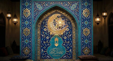 Intricate Blue and Gold Islamic Arch Doorway with Ornate Mosaic Patterns and Central Crescent Moon Motif