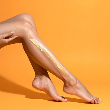 A person applies moisturizer to their leg against an orange background. The lotion glistens as it's being applied to the smooth skin
