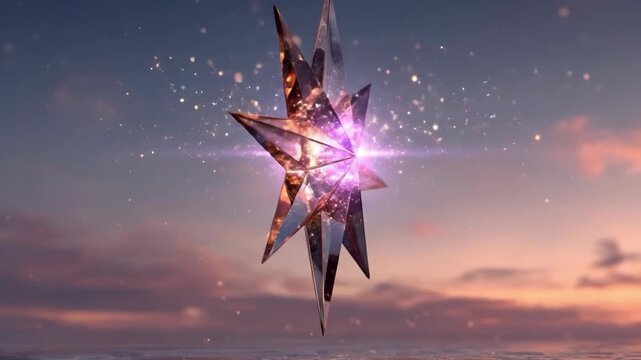 A crystal-like, translucent eight-pointed star glows intensely against a soft twilight sky filled with scattered sparkles and wispy clouds.