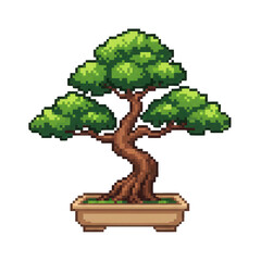 Pixel Art Bonsai Tree in Pot, Digital Nature Illustration, Vintage Game Style