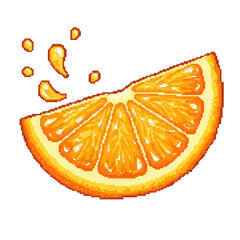 Pixel Art Orange Slice with Juice Splash, Retro Fruit Graphic