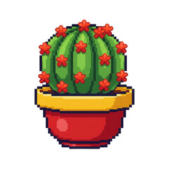 Pixel Art Cactus with Red Flowers in a Red Pot