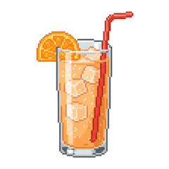 Pixel Art Orange Juice Drink with Ice and Straw