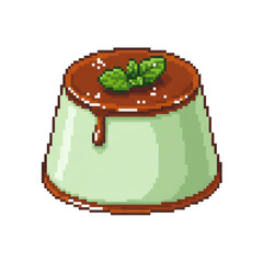 Pixel Art Panna Cotta Dessert with Mint and Caramel Sauce