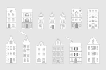 Fototapeta premium Line-art illustration of a collection of townhouses and buildings against a light gray background, each displays unique architectural details such as gabled roofs, chimneys, arched windows, and facade