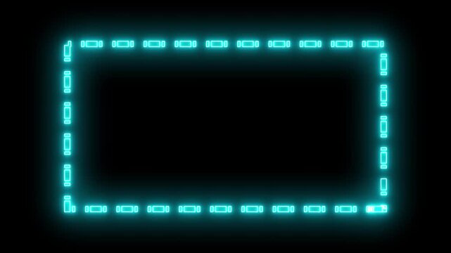 Animation of abstract glowing blue neon rectangles forming a modern border frame on a dark background. Rectangular picture frame concept with smooth light motion and futuristic design.