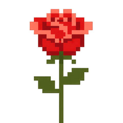 Pixel Art Rose Flower, Retro 8-bit Style, Red and Pink Petals, Green Stem