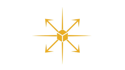 Fototapeta premium Golden cube with dynamic arrows pointing outward in all directions