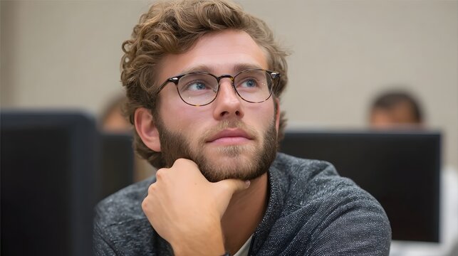 A thoughtful young man with glasses and a beard sits in a classroom resting his chin on his hand and looking upwards
