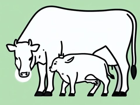 Mammal Feeding Icon. Animal Classification (Basic Animal Groups). Mammals. A cow nursing its calf to illustrate milk-feeding, set against a solid pastel green background for clear labeling
