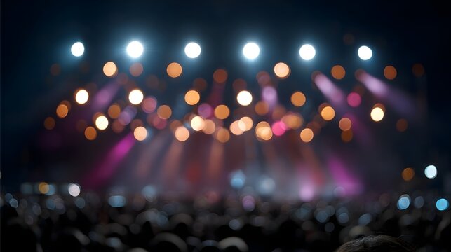Vibrant bokeh lights create an atmospheric blur over a silhouetted concert crowd at night