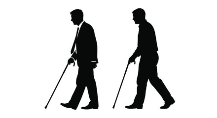 Naklejka premium Two black silhouettes of men walking while using a cane for mobility support